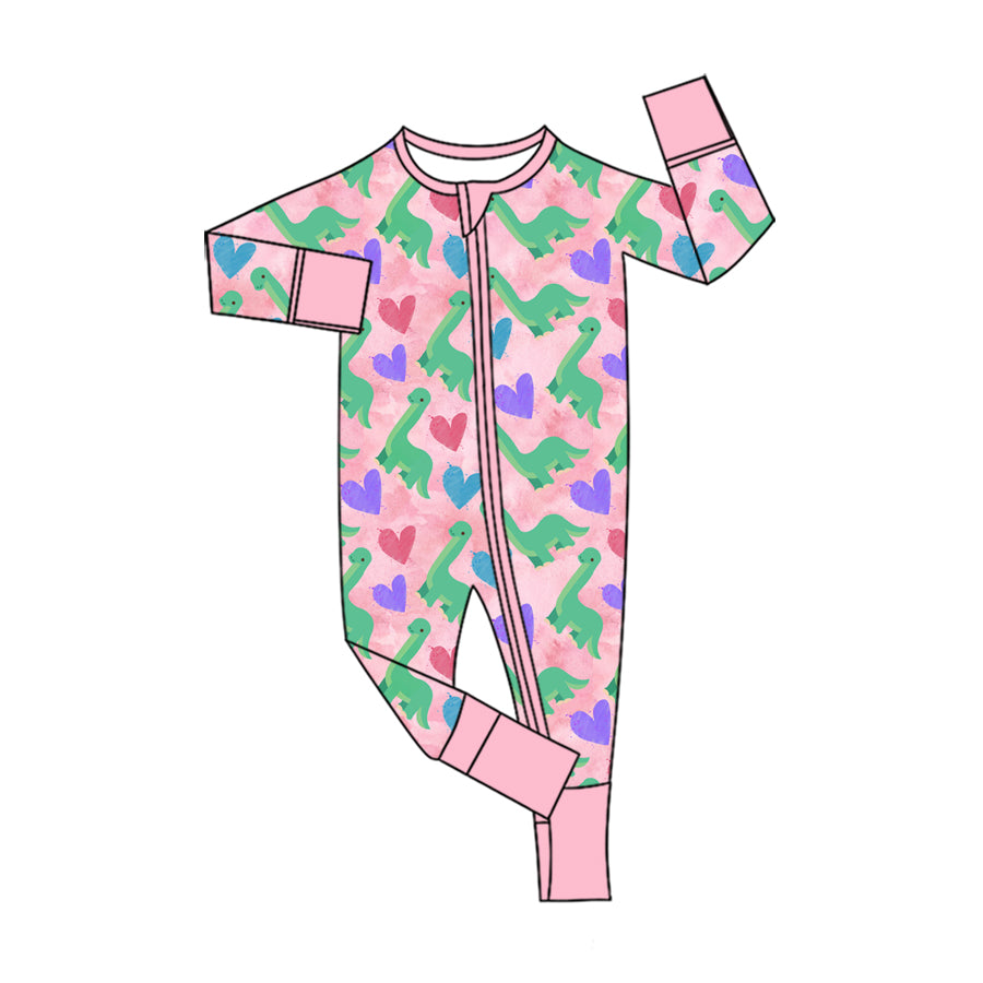 Baby Girls Colorful Hearts Dinosaurs Valentines Two Way Zip Convertible Rompers Preorder
