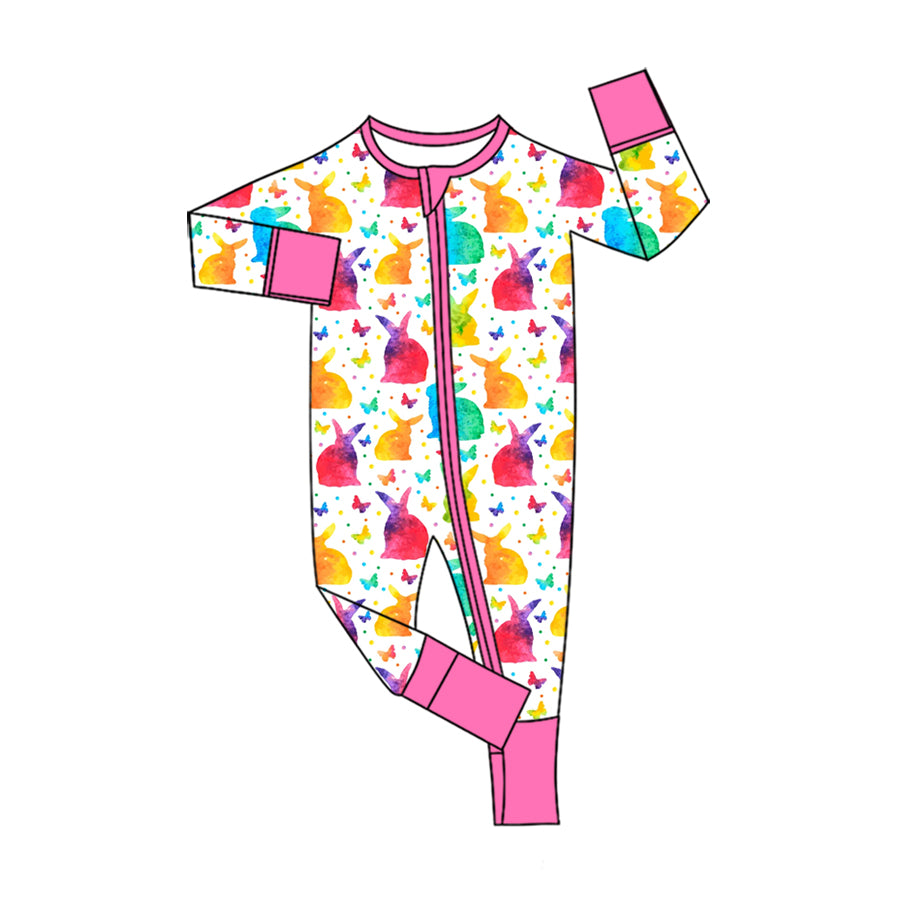 Baby Girls Watercolor Rabbits Butterfly Easter Two Way Zip Convertible Rompers