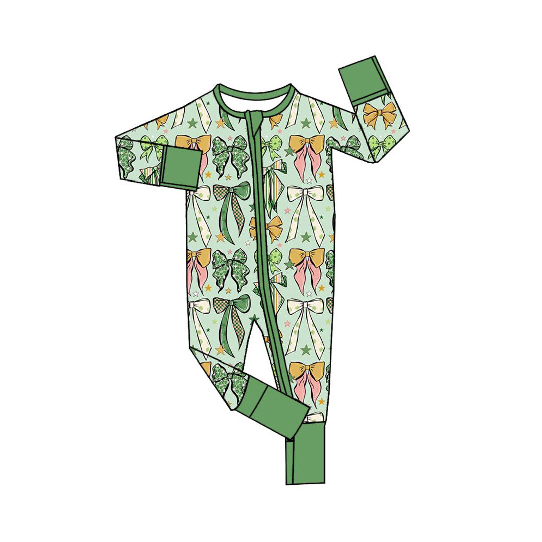 Baby Girls Clovers Bows St Patrick Two Way Zip Convertible Rompers