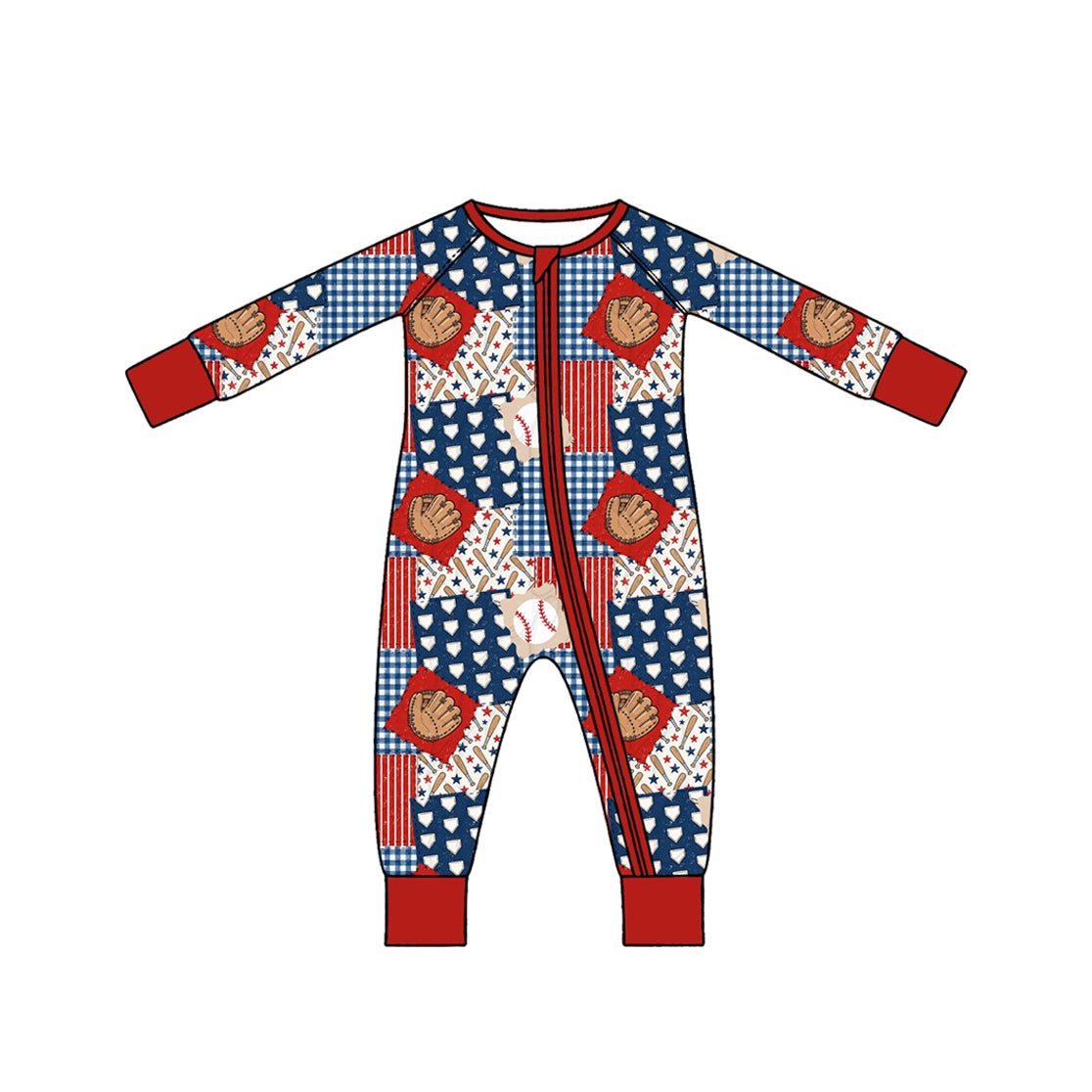 Preorder moq 5 Baby Boys Red Checked Baseballs Team Two Way Zip Convertible Rompers