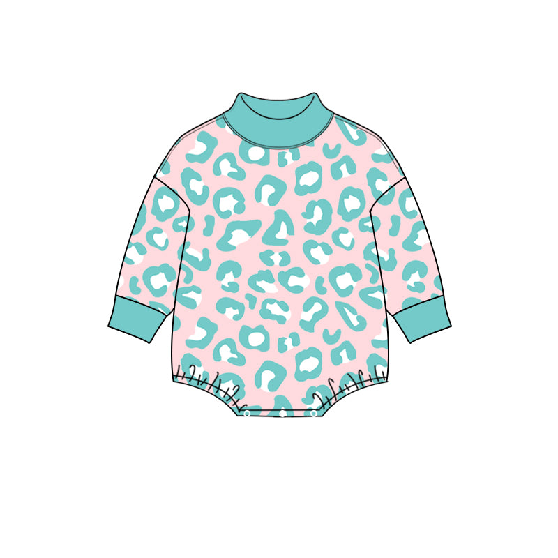 Preorder moq 5 Baby Girls Long Sleeve Pink Blue Leopard Choker Rompers