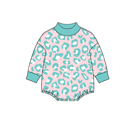 Baby Girls Long Sleeve Pink Blue Leopard Mock Neck Rompers Preorder