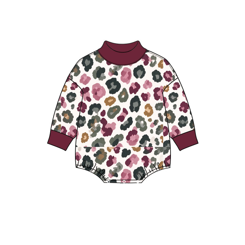 Preorder moq 5 Baby Girls Long Sleeve Maroon Green Leopard Choker Rompers