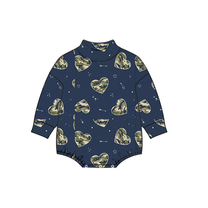 Preorder moq 5 Baby Girls Navy Long Sleeve Camo Hearts Valentines Choker Rompers