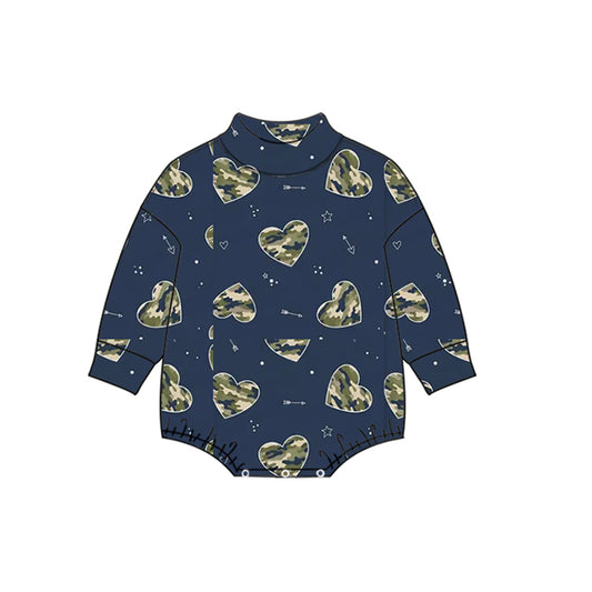 Preorder moq 5 Baby Girls Navy Long Sleeve Camo Hearts Valentines Choker Rompers