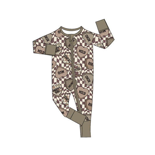 Preorder moq 5 Baby Boys Warped Checkerboard Hearts Valentines Two Way Zip Convertible Rompers