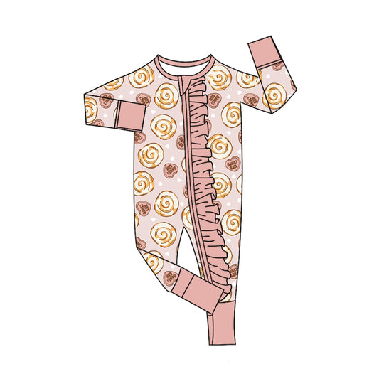 Preorder moq 5 Baby Girls Pink Hearts Donuts Valentines Two Way Ruffle Zip Convertible Rompers