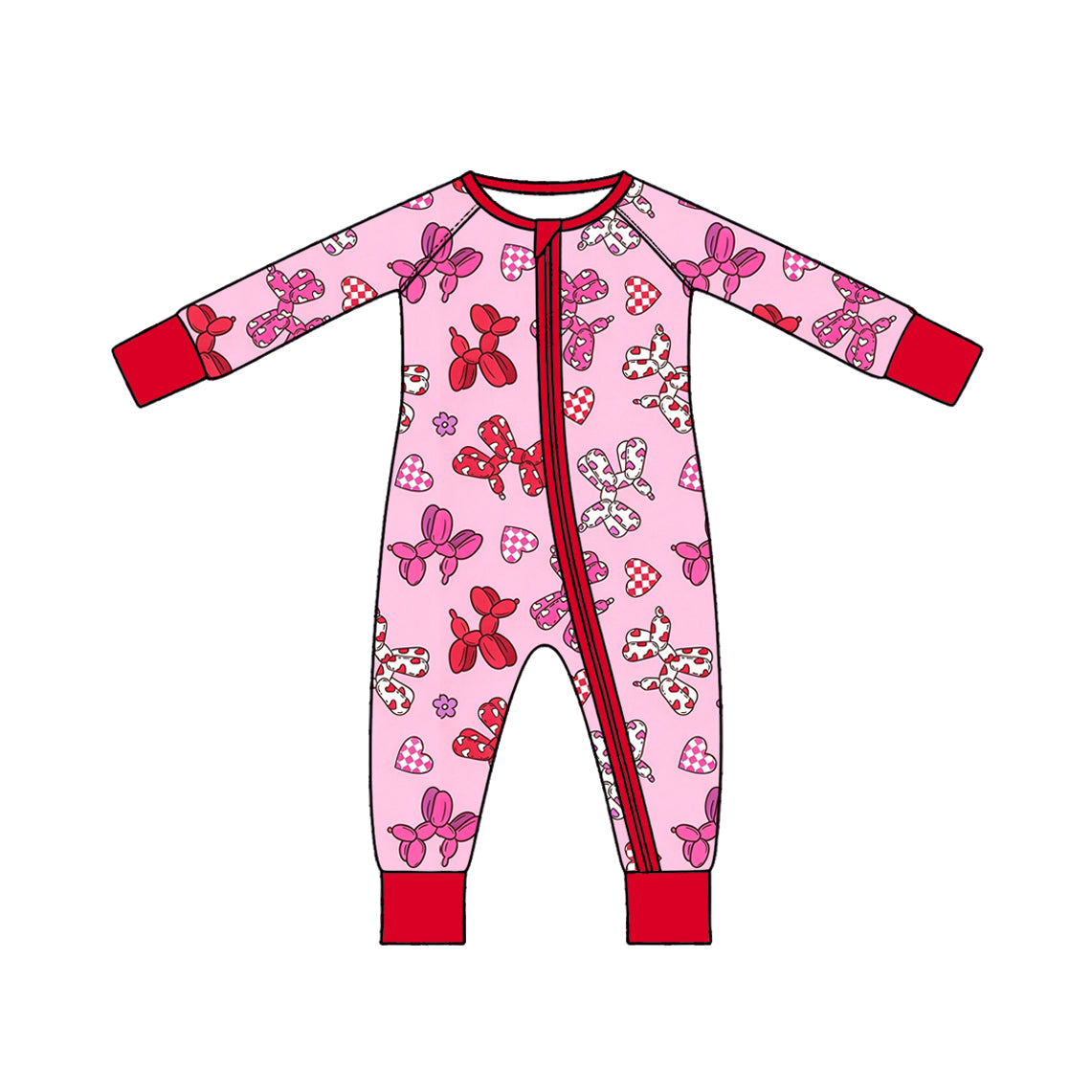 Preorder moq 5 Baby Girls Pink Dogs Hearts Valentines Two Way Zip Convertible Rompers
