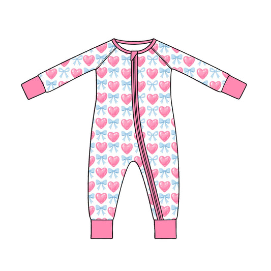 Preorder moq 5 Baby Girls Pink Blue Bows Hearts Valentines Two Way Zip Convertible Rompers
