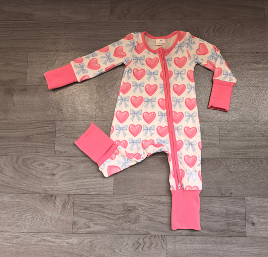 Baby Girls Pink Blue Bows Hearts Valentines Two Way Zip Convertible Rompers Preorder