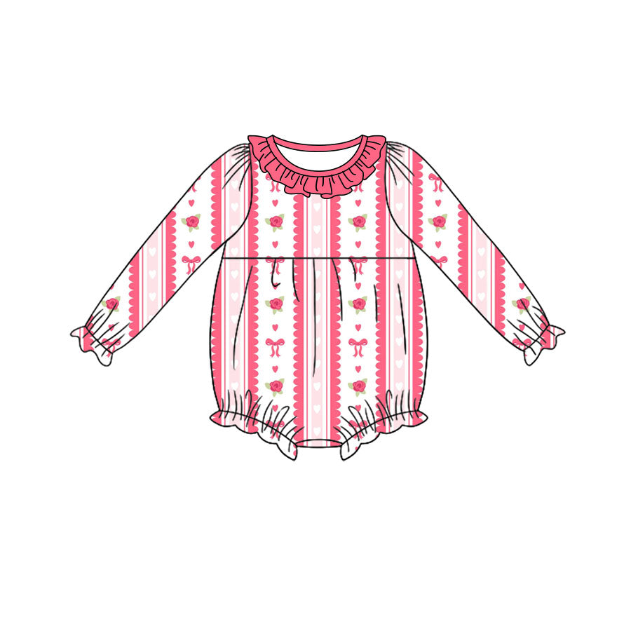 Preorder moq 5 Baby Girls Pink Bows Hearts Flowers Stripe Valentines Ruffle Rompers