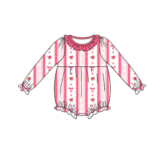 Preorder moq 5 Baby Girls Pink Bows Hearts Flowers Stripe Valentines Ruffle Rompers
