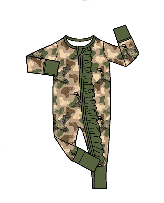 Preorder moq 5 Baby Girls Green Camo Ducks Hunting Two Way Ruffle Zip Convertible Rompers