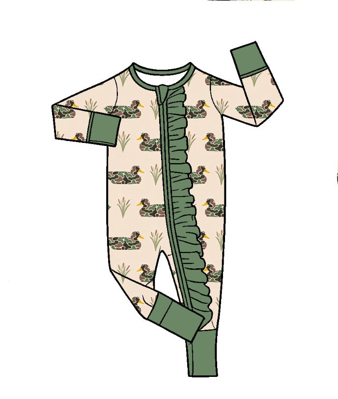 Preorder moq 5 Baby Girls Camo Ducks Plaid Hunting Two Way Ruffle Zip Convertible Rompers