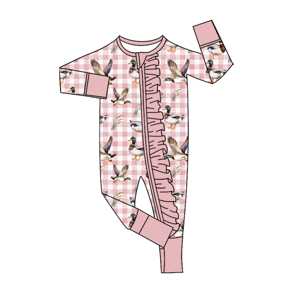 Preorder moq 5 Baby Girls Pink Checked Ducks Two Way Ruffle Zip Convertible Rompers