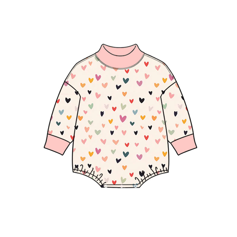 Preorder moq 5 Baby Girls Long Sleeve Colorful Hearts Valentines Mock Neck Rompers