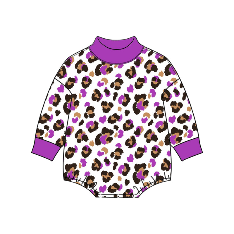 Preorder moq 5 Baby Girls Long Sleeve Purple Black Leopard Mock Neck Rompers