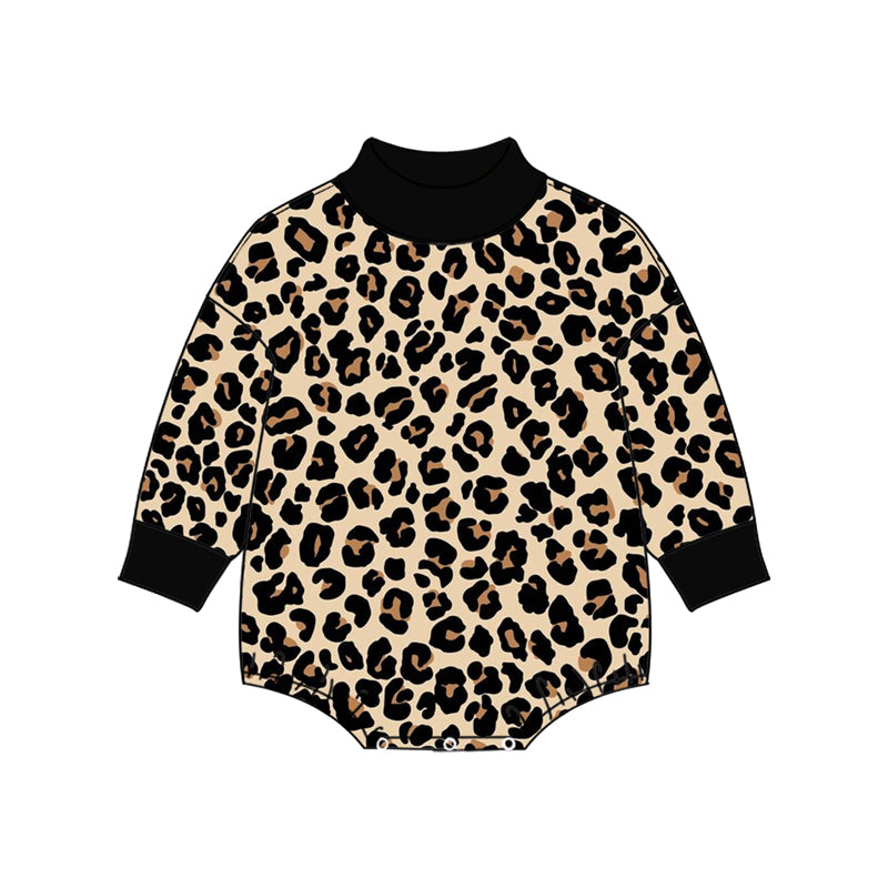 Preorder moq 5 Baby Girls Long Sleeve Brown Black Leopard Mock Neck Rompers