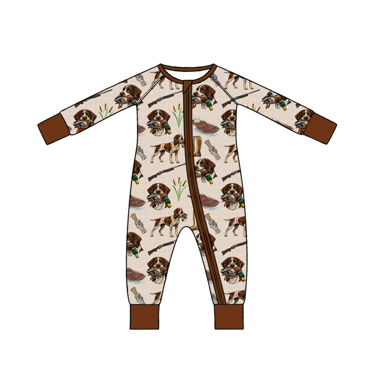 Preorder moq 5 Baby Boys Dogs Ducks Hunting Two Way Zip Convertible Rompers