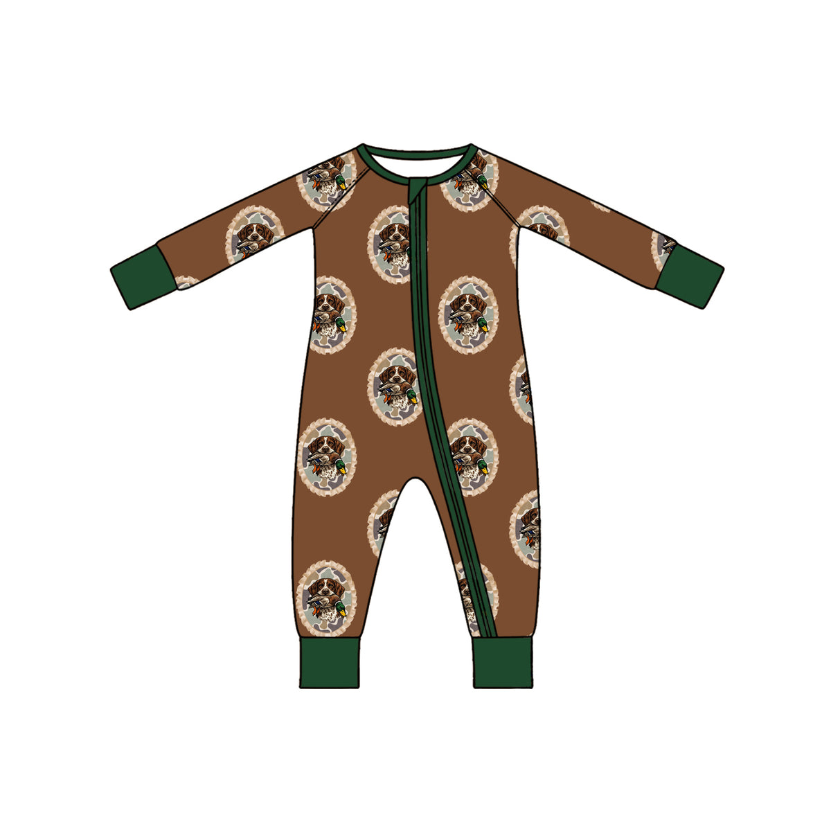 Preorder moq 5 Baby Boys Camo Dogs Ducks Hunting Two Way Zip Convertible Rompers