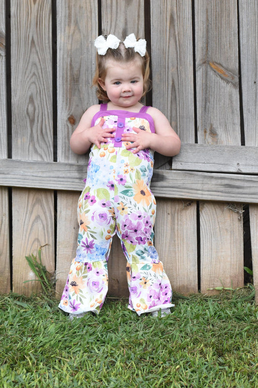 Baby Girls Purple Flowers Strap Bell Bottom Jumpsuits