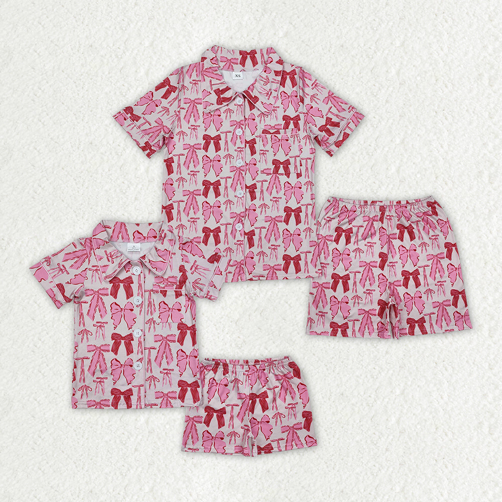 Mommy and Me Baby Girls Pink Bows Pocket Lapel Buttons Shirt Shorts Pajamas