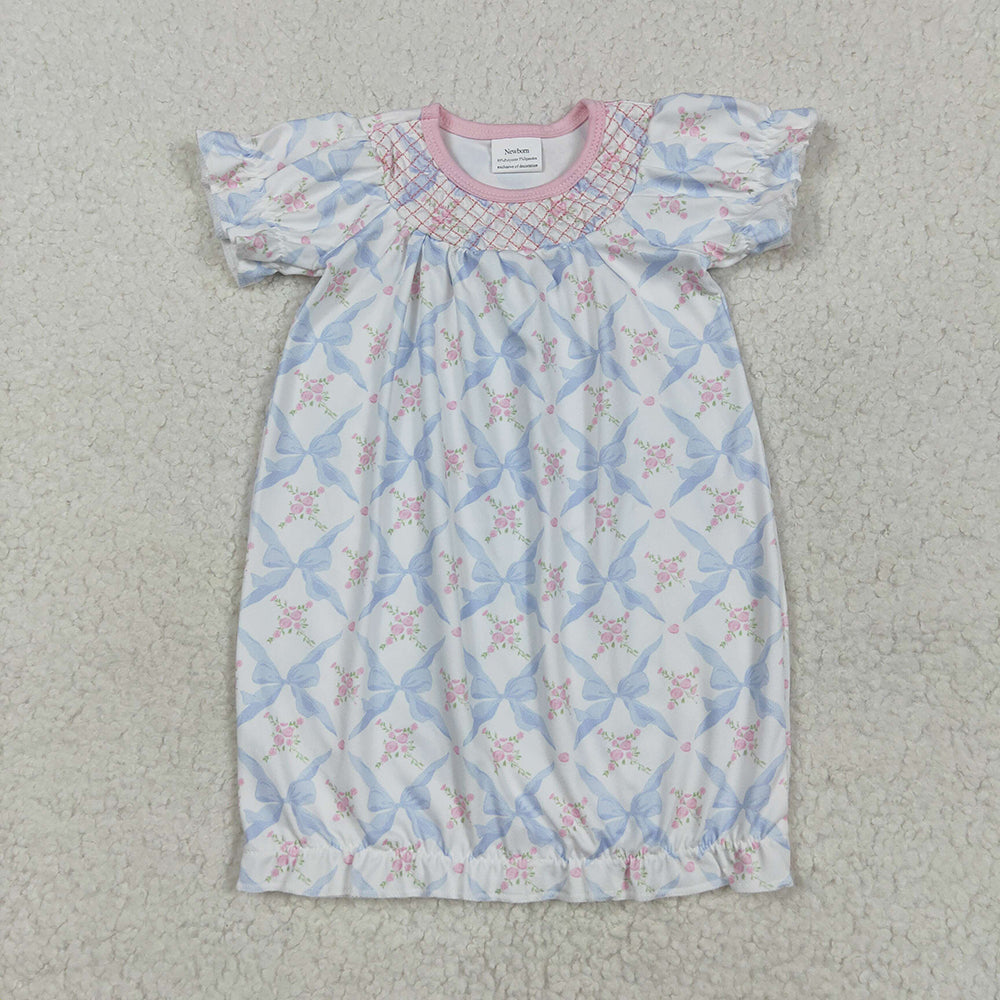 Embroidery Baby Newborn Bows Floral Short Sleeve Ruffle Gowns
