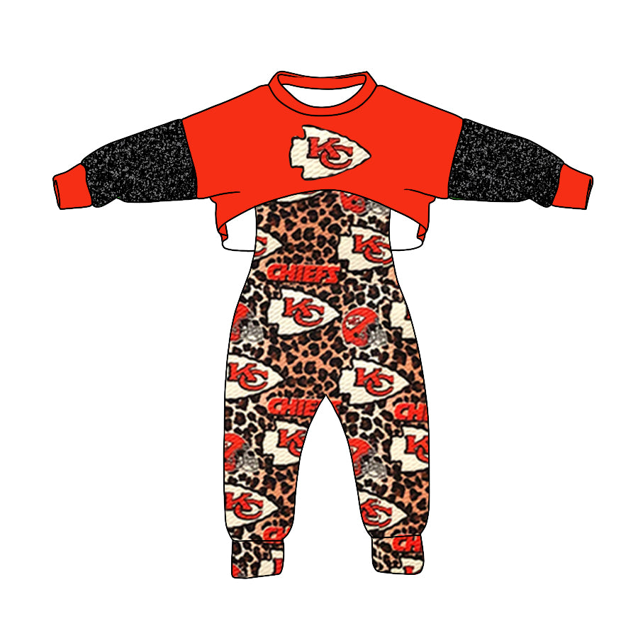 Baby Girls KC Red Leopard Team Tops Jumpsuits 2pcs Clothes Sets preorder(MOQ 5)