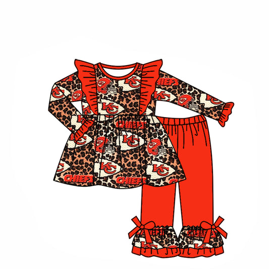 Baby Girls KC Leopard Team Tunic Top Ruffle Red Pants Clothes Sets preorder(MOQ 5)