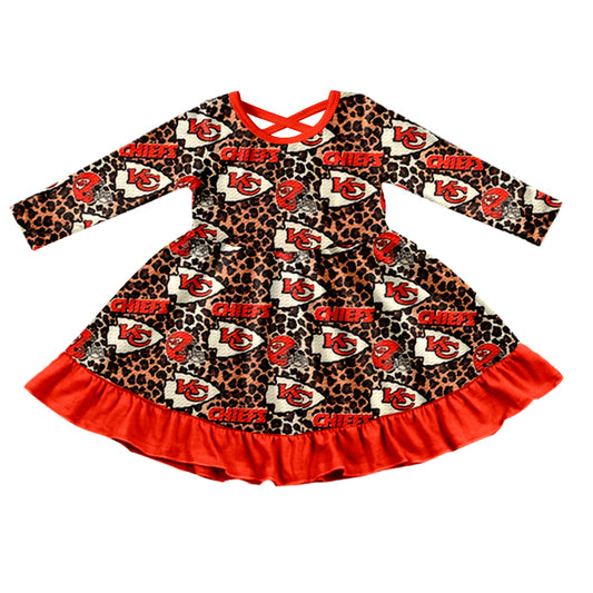 Baby Kids KC Red Leopard Team Ruffle Knee Length Dresses preorder(MOQ 5)