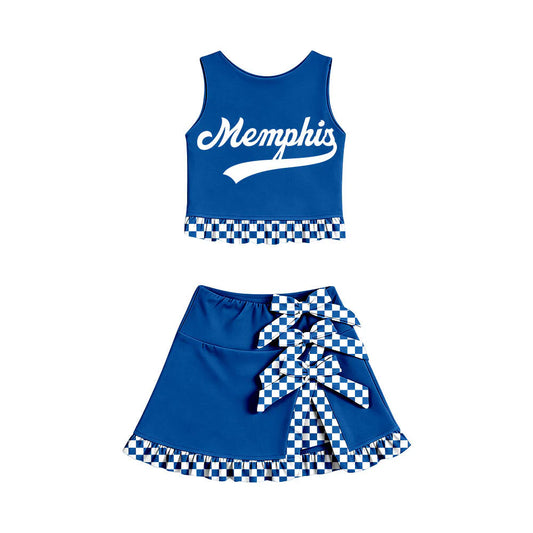 Preorder (custom moq 5)Baby Girls Memphis Vest Bows Ruffle Skirt Short Team Clothes Sets