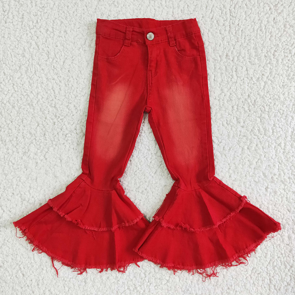 USA Shop Baby Girls Red Color Double Ruffle Denim Jeans Pants