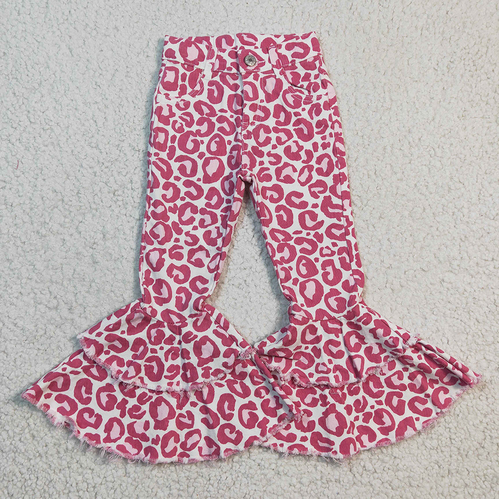 Sibling Baby Girls Colorful Cow Print Leopard Bell Bottom Denim Jeans Pants