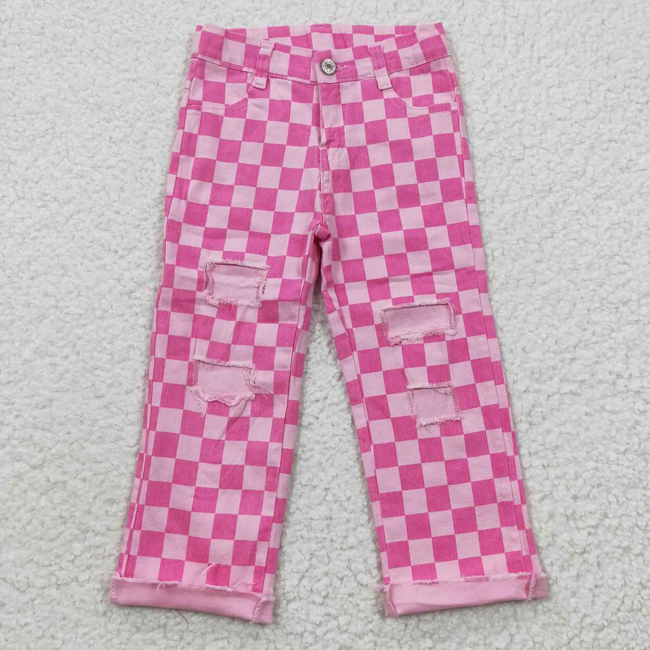 Sibling Girls Boys Checkered Denim Adjustble Waistband Jeand Pants