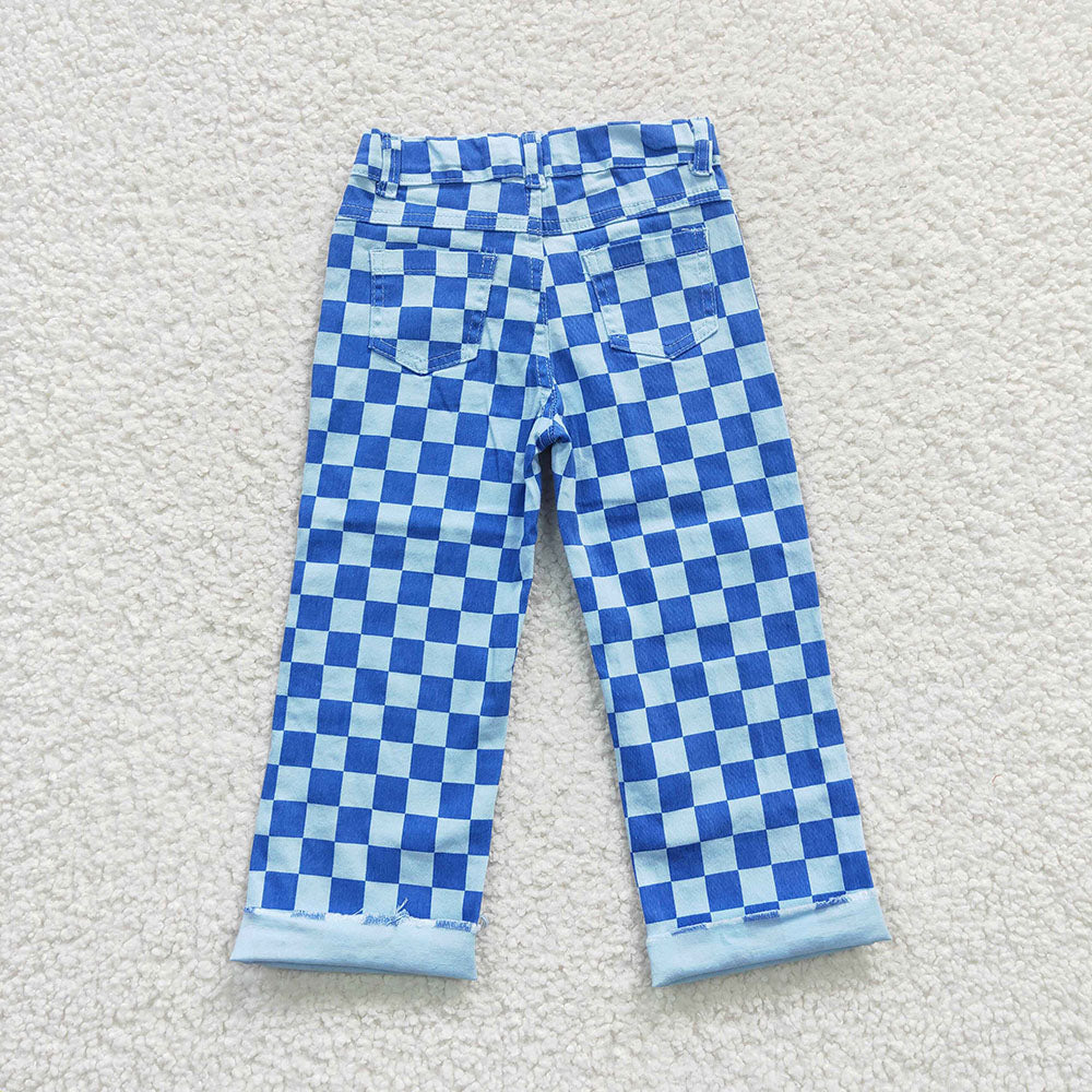 Sibling Girls Boys Checkered Denim Adjustble Waistband Jeans Pants