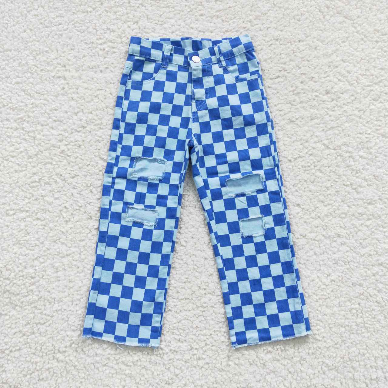 Sibling Girls Boys Checkered Denim Adjustble Waistband Jeand Pants