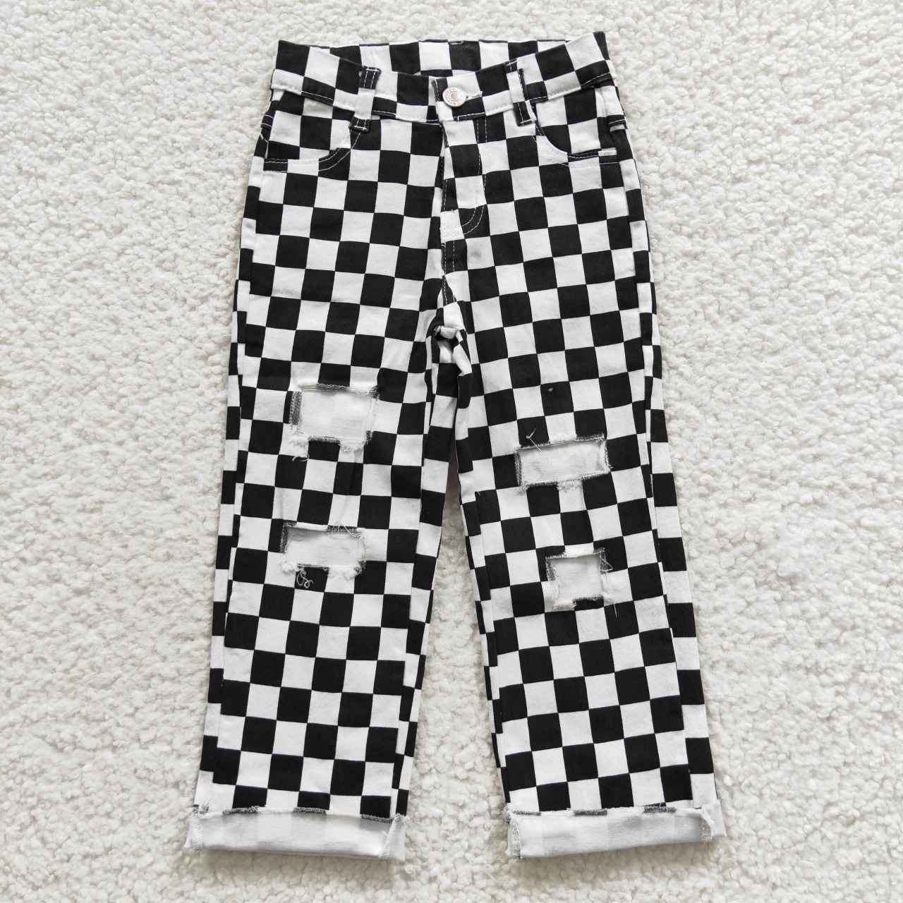 Sibling Girls Boys Checkered Denim Adjustble Waistband Jeand Pants