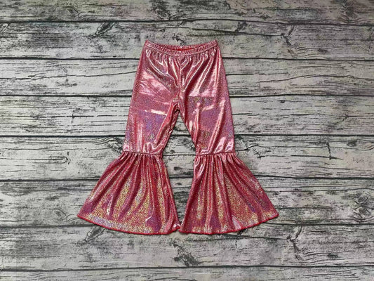 P0181 Baby Girls Brick Red Holographic Spandex Bell Bottom Pants