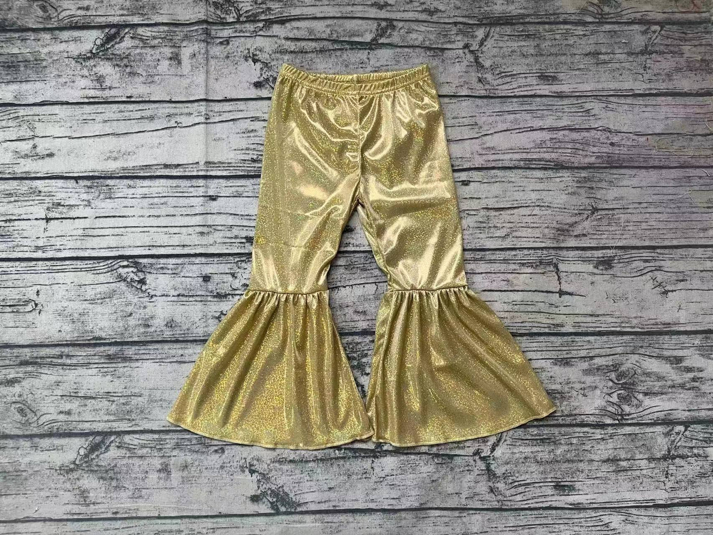 P0183 Baby Girls Mustard Holographic Spandex Bell Bottom Pants preorder