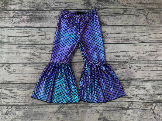 P0248 Baby Girls Blue Tie Dye Mermaid Scale Holographic Spandex Bell Bottom Pants