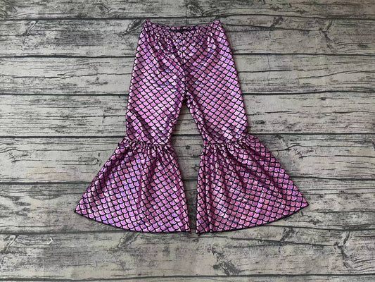 P0249 Baby Girls Purple Mermaid Scale Holographic Spandex Bell Bottom Pants