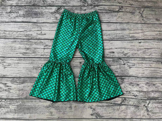 P0250 Baby Girls Green Mermaid Scale Holographic Spandex Bell Bottom Pants