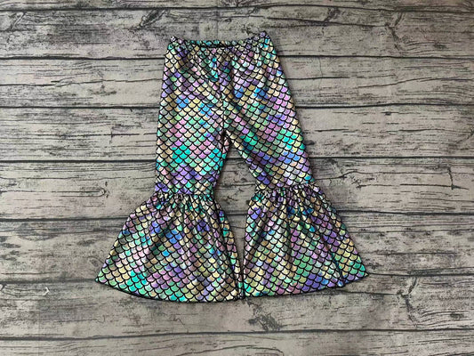 P0251 Baby Girls Colorful Mermaid Scale Holographic Spandex Bell Bottom Pants