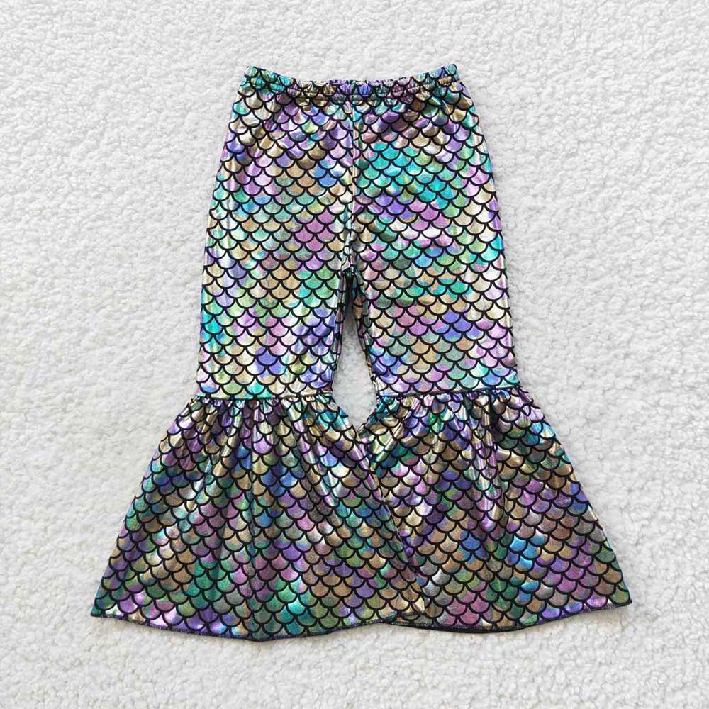 5 Colors Baby Girls Mermaid Scale Holographic Spandex Bell Bottom Pants