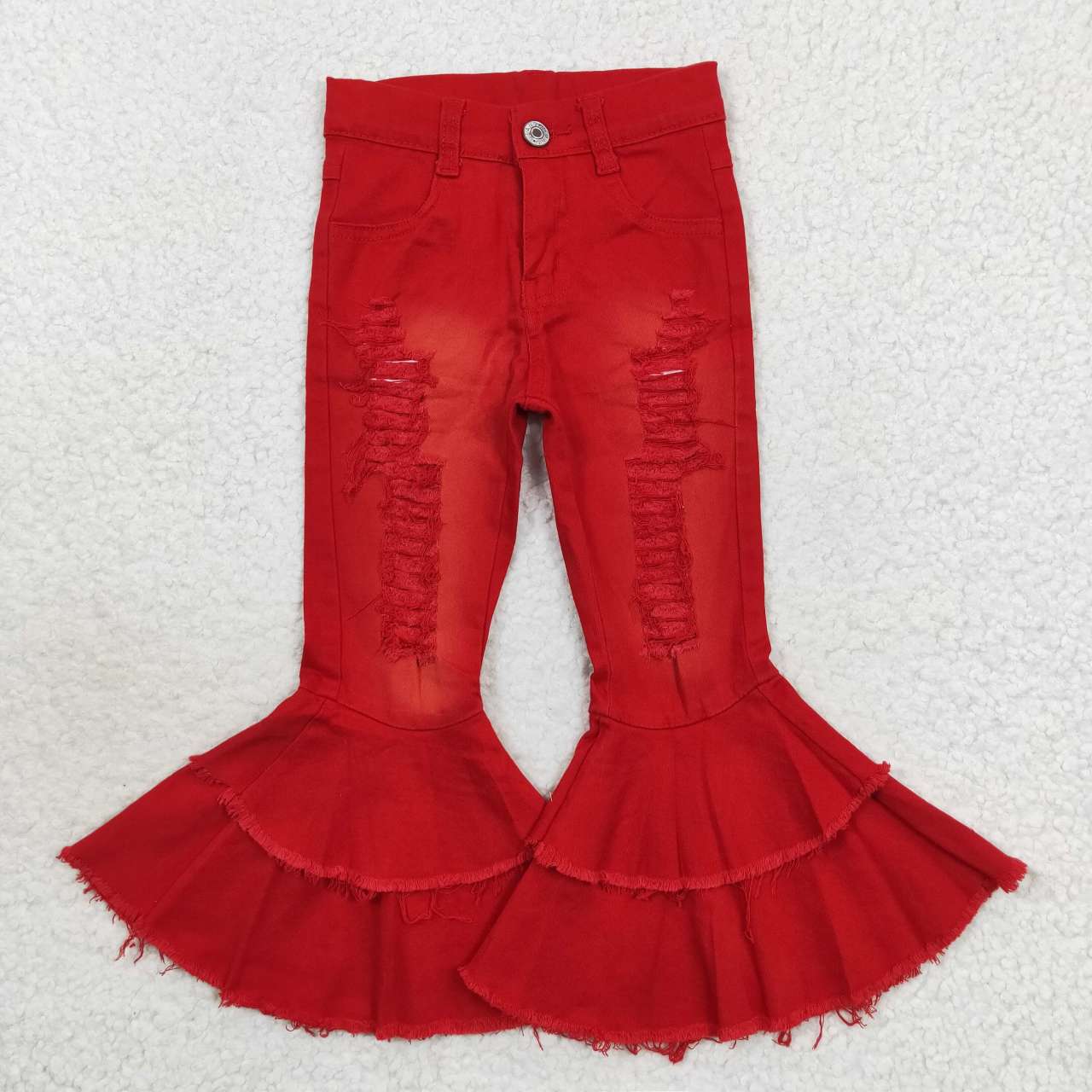 USA Shop Baby Girls Red Distressed Denim Double Ruffle Bell Pants