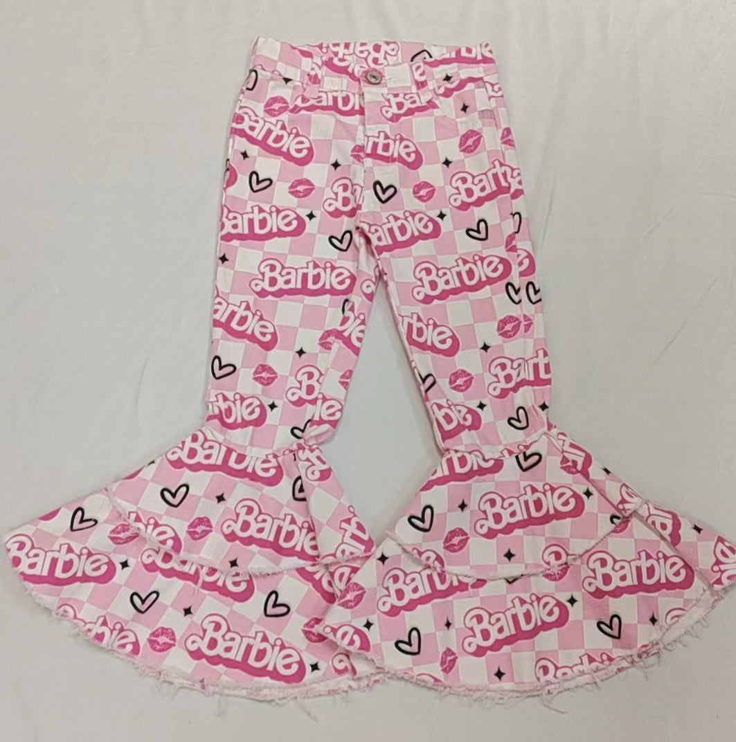 Baby Girls Pink Doll Valentines Checkered Hearts Denim Bell Flare Pants