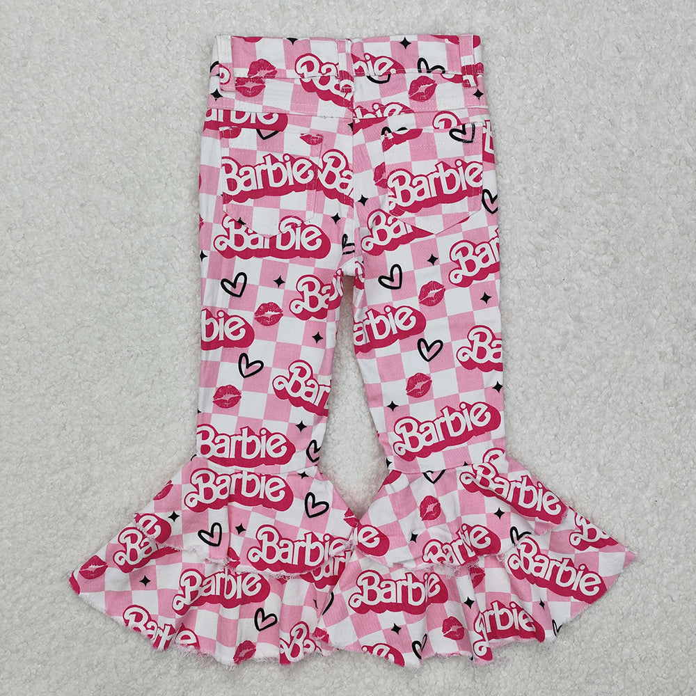 Baby Girls Pink Doll Valentines Checkered Hearts Denim Bell Flare Pants