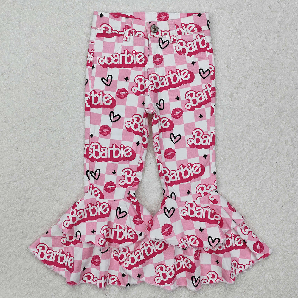 Baby Girls Pink Doll Valentines Checkered Hearts Denim Bell Flare Pants