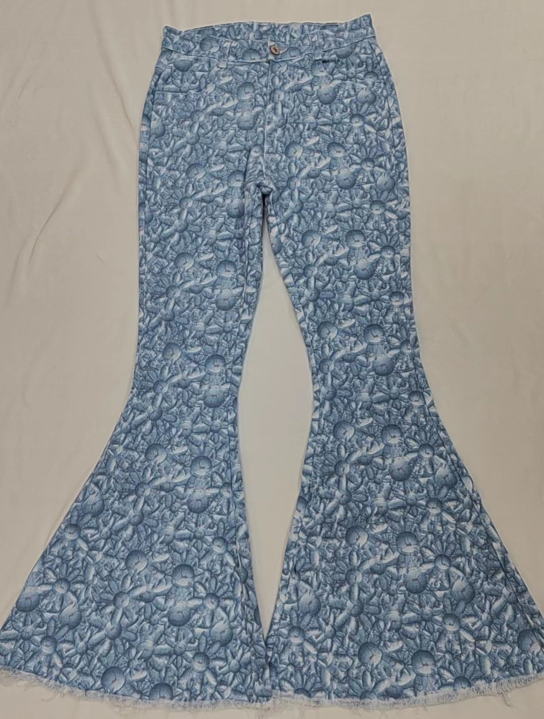 Adult Women Blue Floral Denim Bell Pants Jeans