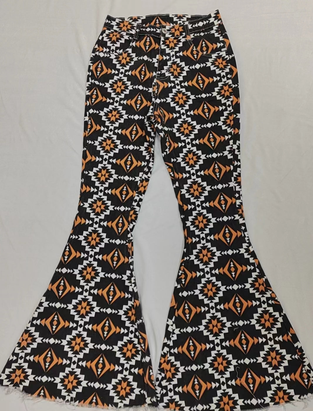 Adult Women Orange Black Aztec Denim Bell Pants Jeans